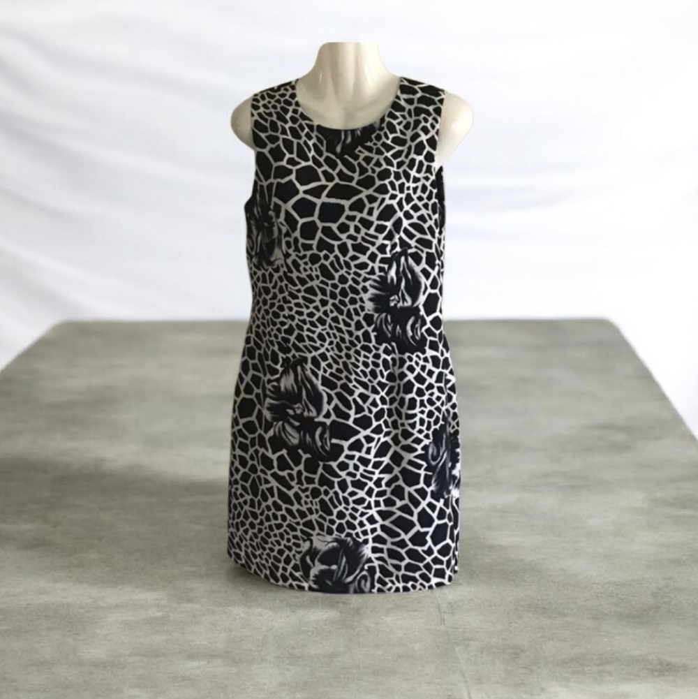 WALL ST dress black white size Med lined, Zip back animal print office a…